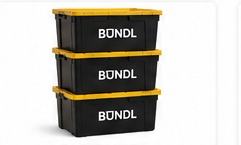 Big BUNDL black totes with yellow lids and white BUNDL branding