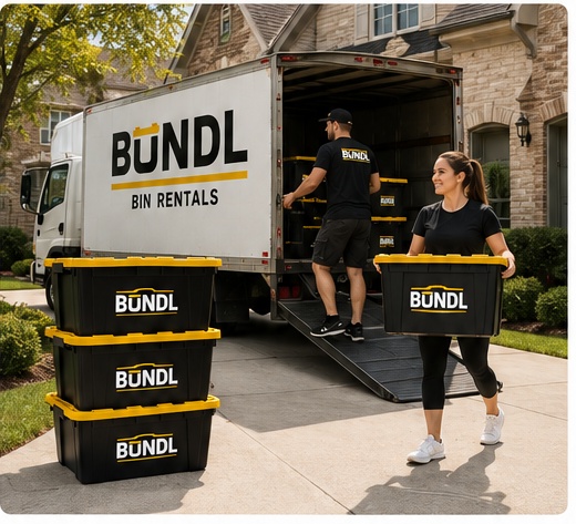 People moving reusable black BUNDL totes with yellow lids outside a suburban home