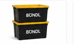 Family BUNDL black totes with yellow lids and white BUNDL branding