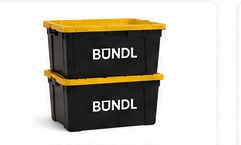Smart BUNDL black totes with yellow lids and white BUNDL branding